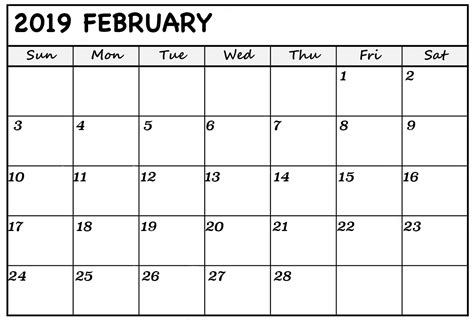 Calendar For Feb 2019